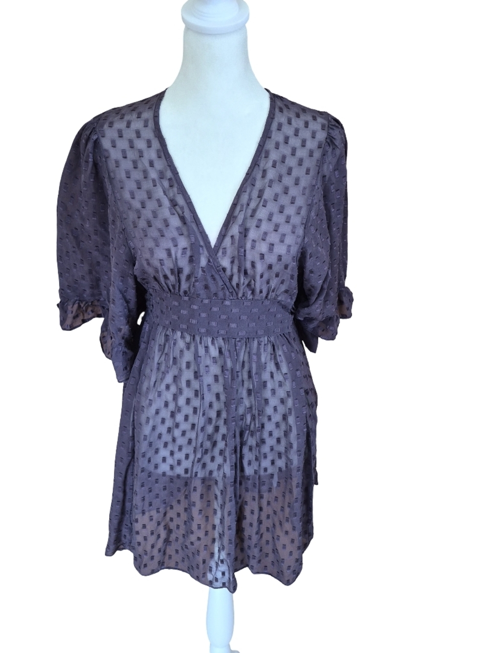 Betsey Johnson Sheer Textured V-Neck Top in Dark Purple Black look